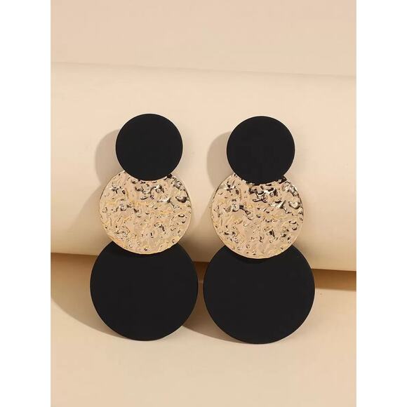 Modern Black & Gold Textured Circle Drop Earrings – Geometric Dangle Jewelry - Picture 1 of 5
